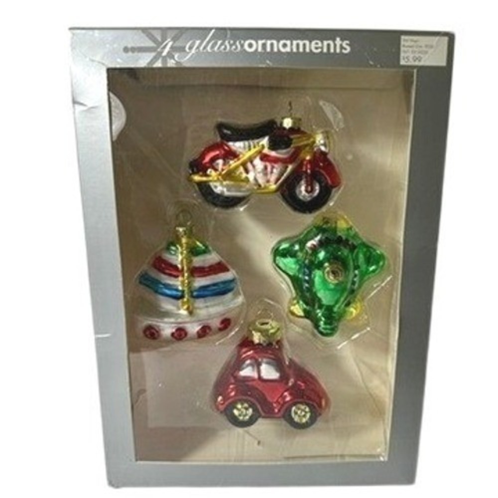 4 Glass Ornaments Motorcycle Car‎ Sailboat Airplane Christmas Holiday Decor Set